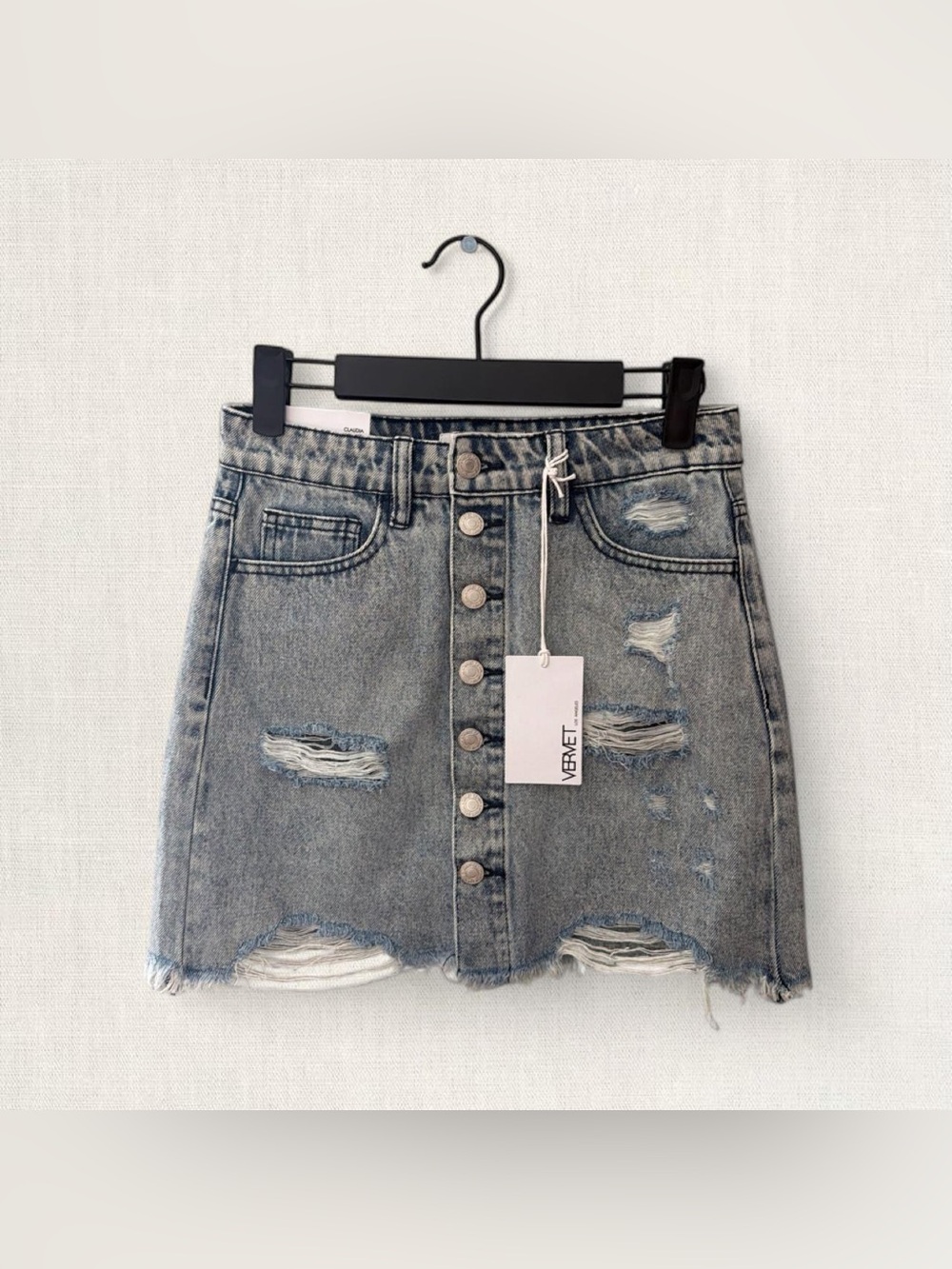 Vervet Women’s Distressed Button-Front Denim Mini Skirt